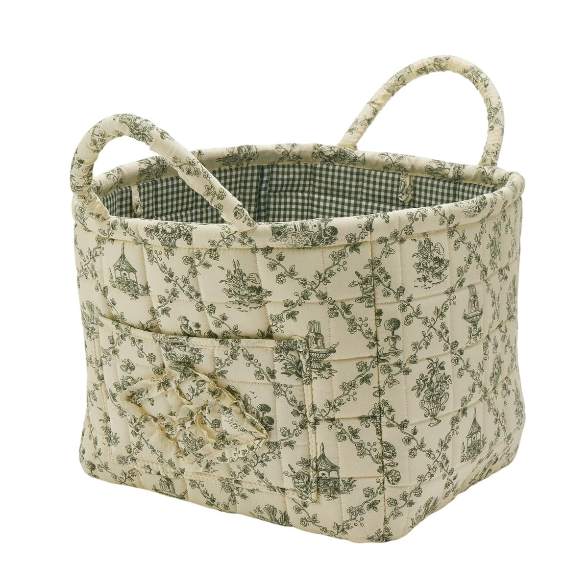 Quilted Fabric Storage Basket with Handles & Pocket, Foldable Laundry Hamper Boho Floral Print Organizer Bin for Home, Picnic, Office 12"x10"x10" (B-2)