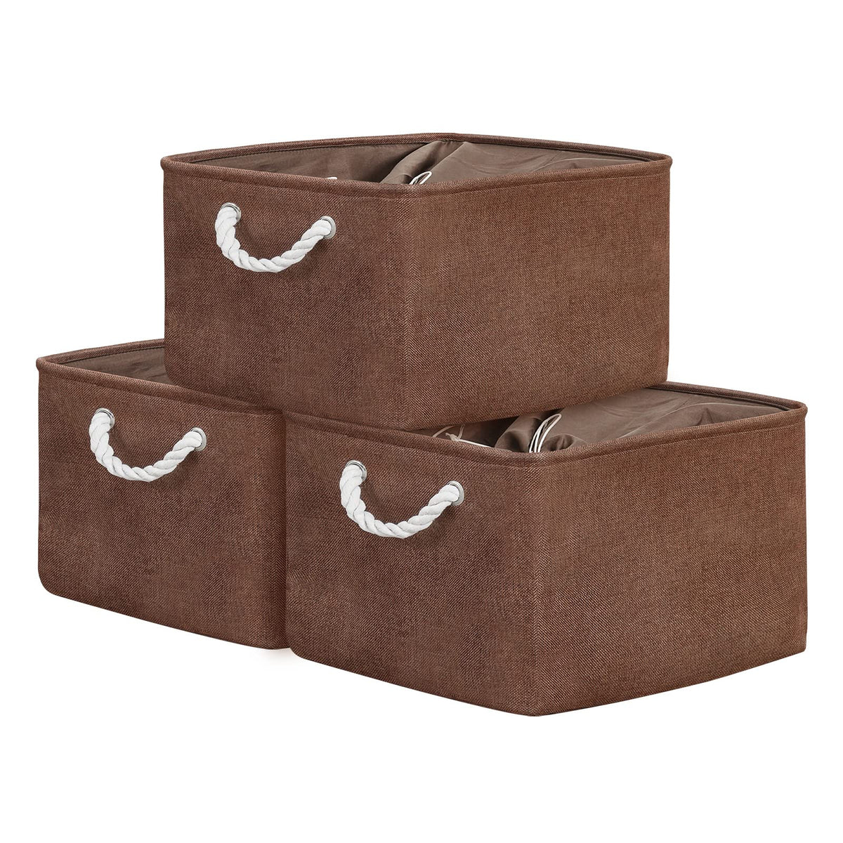 TheWarmHome Storage Basket for Organizing - 14x10x7 inch Medium 3 Pack Collapsible Storage Bin for Shelves with Handles, Canves Storage Box for Organizer Cubes Cloth Gift Toy Closet (White & Khaki)