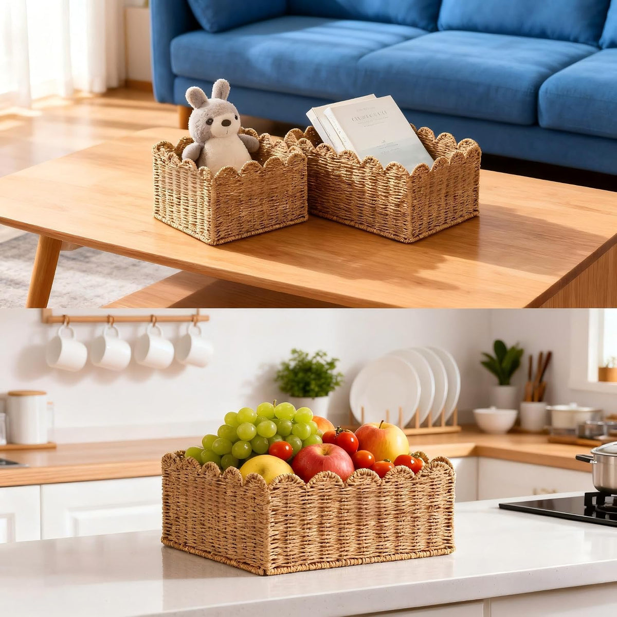 Scalloped Basket, Wicker Storage Baskets, Hand Woven Baskets for Shelves,Natural Baskets for Organizing (S+M)
