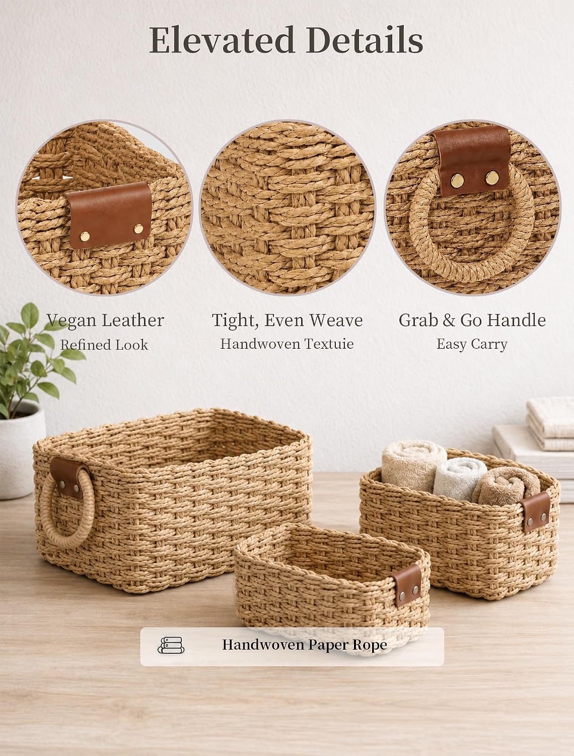 Small Wicker Baskets, 3 PCS Paper Rope Baskets for Shelves, Brown