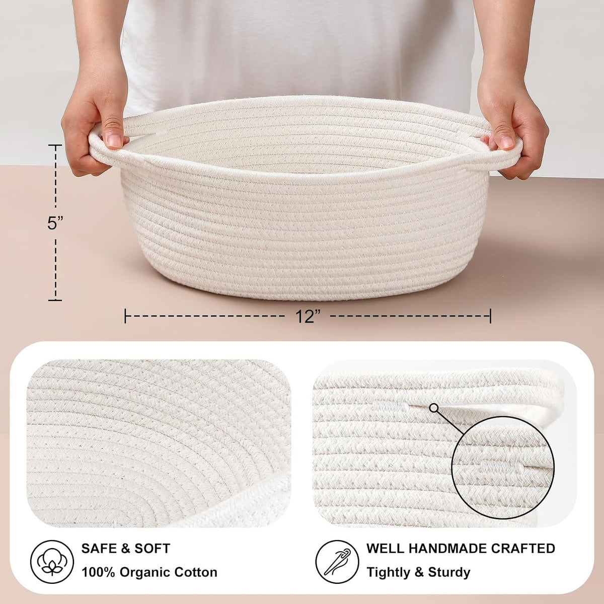 4 Pack Small Woven Basket with Handles, All 12"x 8"x 5", Cotton Rope Room Shelf Storage Basket, Cat Toys, Cute Baby Gift Basket with Gift Bags and Ribbons for Nursery, Empty Decorative Gift Chest Box