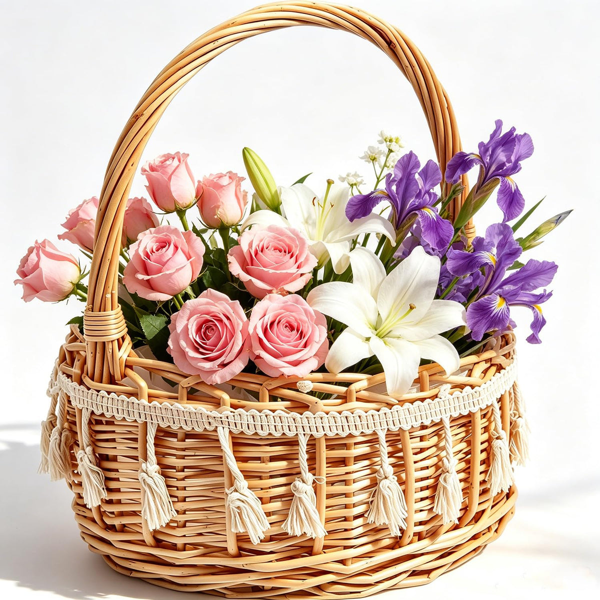 10 x 10in Wicker Basket Rustic Wicker Picnic Basket with Handle Cute Flower Girl Baskets Rattan Easter Baskets Wicker Storage Basket Decorative Basket for Wedding Garden and Home Decor