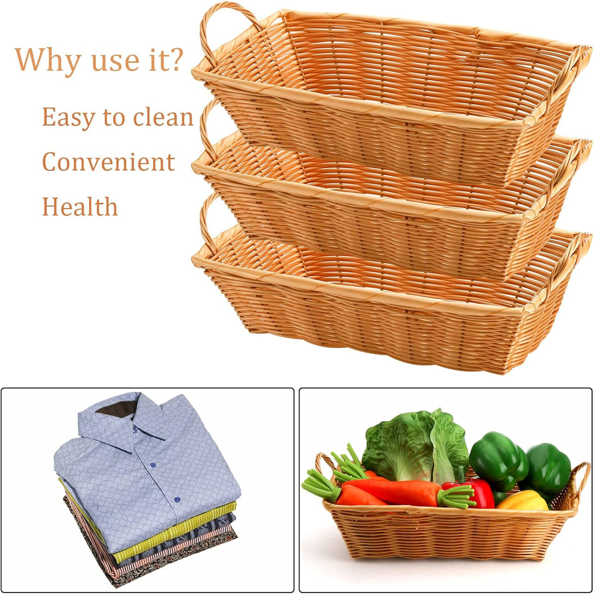 Yesland 6 Pcs Poly Wicker Bread Basket with Handle, 14 Inch Rectangular Imitation Rattan Fruit Storage Baskets - Stackable Empty Gift Basket for Vegetables, Food Serving, Display, Outdoor, Orange