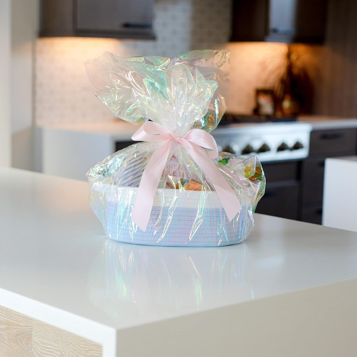 NaturalCozy 3-Piece Oval Storage Basket Set– Cotton Rope Woven Baskets for Storage, Gift Basket Empty, Toy Basket, Soft Baby Basket for Nursery, Cat Dog Toy Baskets, Small Basket (Off White & Blue)