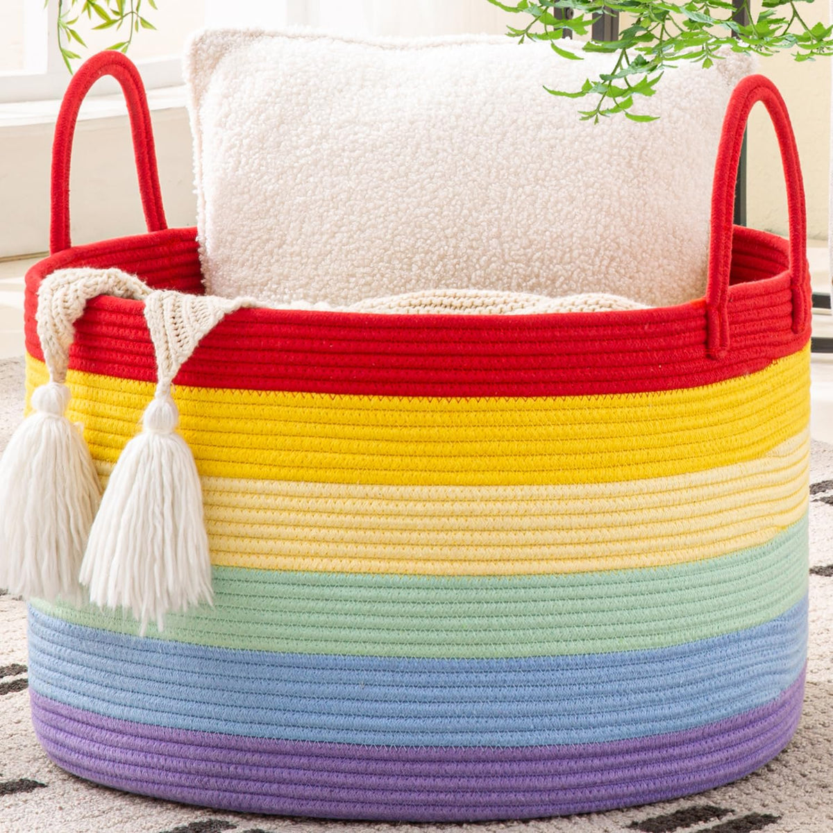 KAKAMAY Large Blanket Basket with Handles, Storage Basket for Living Room