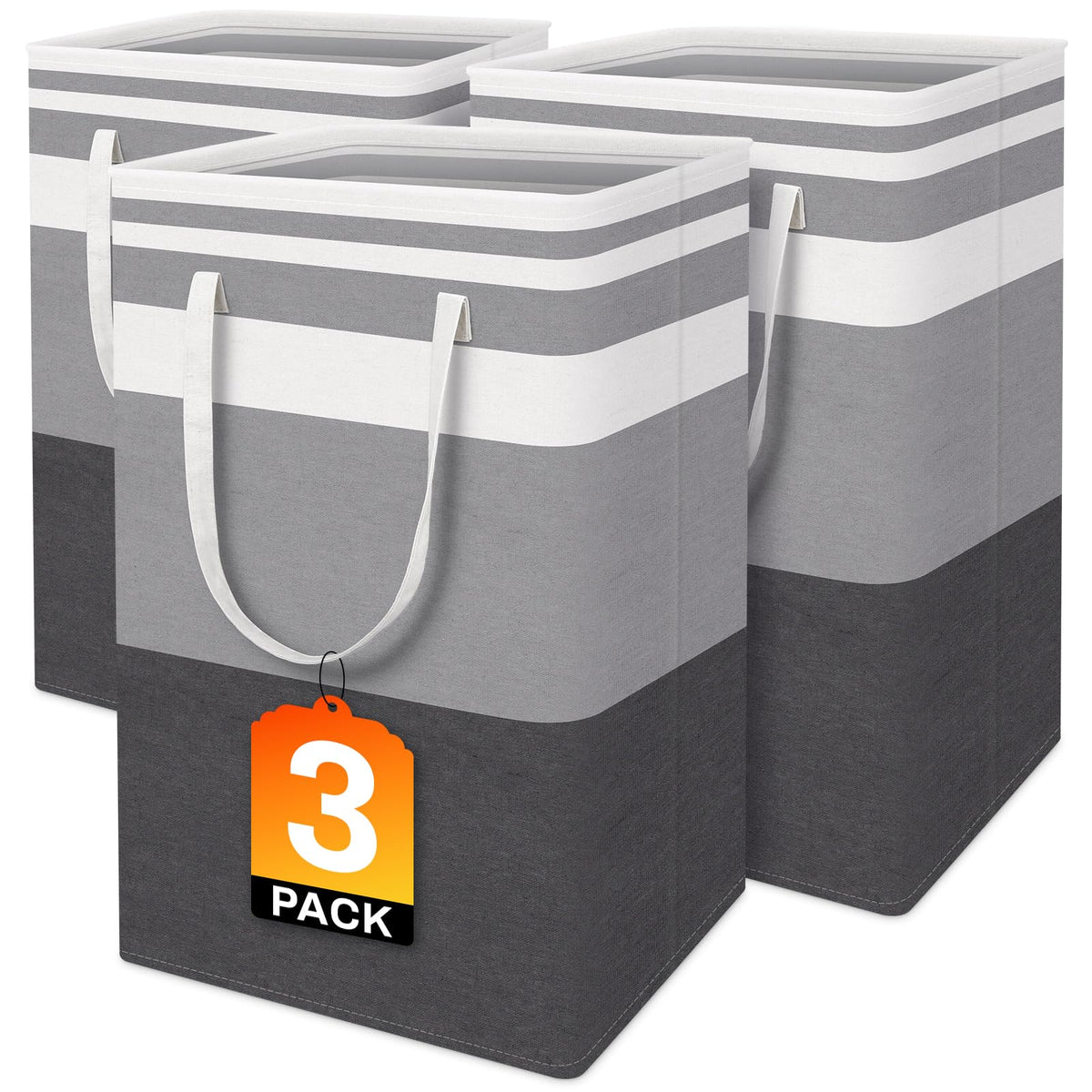 BlissTotes 3-Pack Laundry Basket, Collapsible Laundry Hamper, Grey, 75L