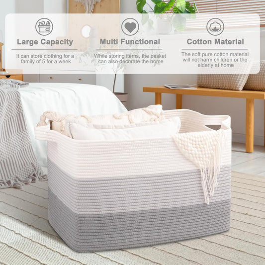 OIAHOMY Extra Large Blanket Basket, 110L Cotton Rope Woven Laundry Basket, Toy Bin for Baby Room, Container for Blanket Storage in Living Room, 24.8''×17.3''×15.8'', Gradient Grey