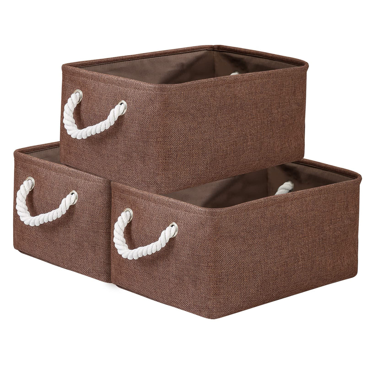 TheWarmHome Storage Basket for Organizing - 14x10x7 inch Medium 3 Pack Collapsible Storage Bin for Shelves with Handles, Canves Storage Box for Organizer Cubes Cloth Gift Toy Closet (White & Khaki)