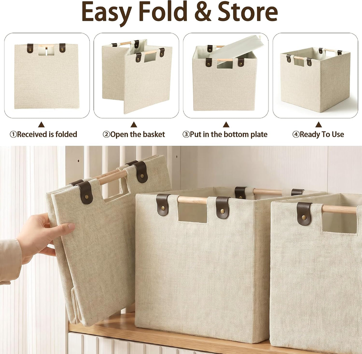 11 Inches Foldable Cube Storage Baskets for Organizing, Beige, 2 Pack