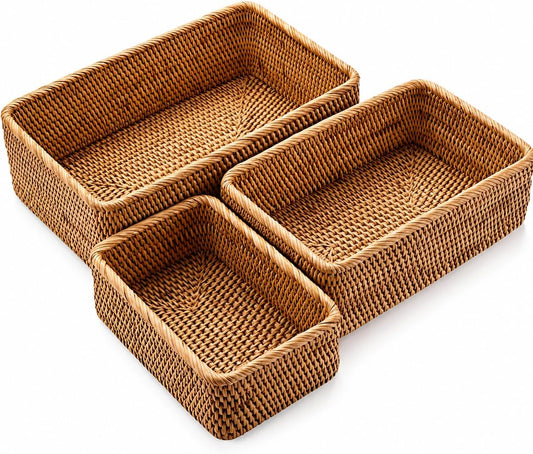 Yangqihome Natural Rattan Storage Baskets, Rectangular Woven Fruit Baskets, Decorative Wicker Basket and Small Baskets for Organizing (Set of 3)