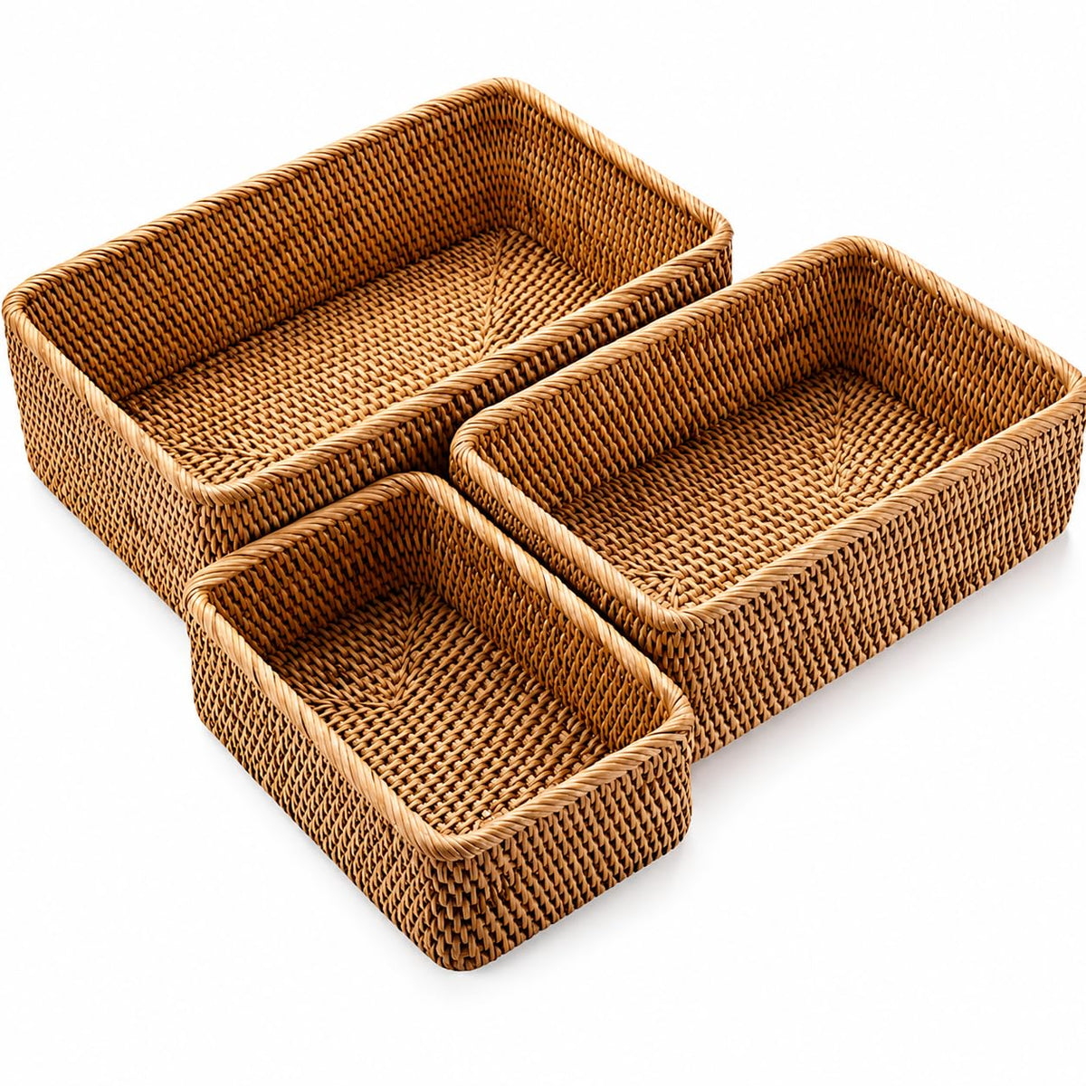 Yangqihome Natural Rattan Storage Baskets, Rectangular Woven Fruit Baskets, Decorative Wicker Basket and Small Baskets for Organizing (Set of 3)