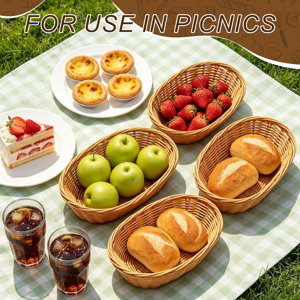 Nexboraque 12 Pack Plastic Oval Basket, Empty Bread Basket 10 x 6.25 x 3 Inch Food Storage Basket Bulk, Plastic Wicker Baskets Bin for Kitchen Serving, Centerpiece Display, Gifts, Brown