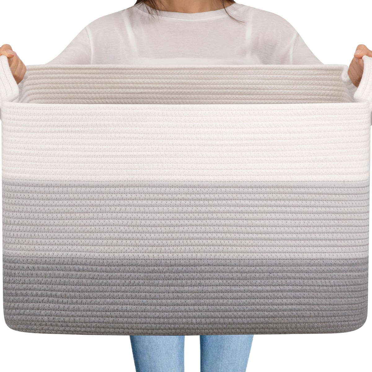 OIAHOMY Extra Large Blanket Basket, 110L Cotton Rope Woven Laundry Basket, Toy Bin for Baby Room, Container for Blanket Storage in Living Room, 24.8''×17.3''×15.8'', Gradient Grey
