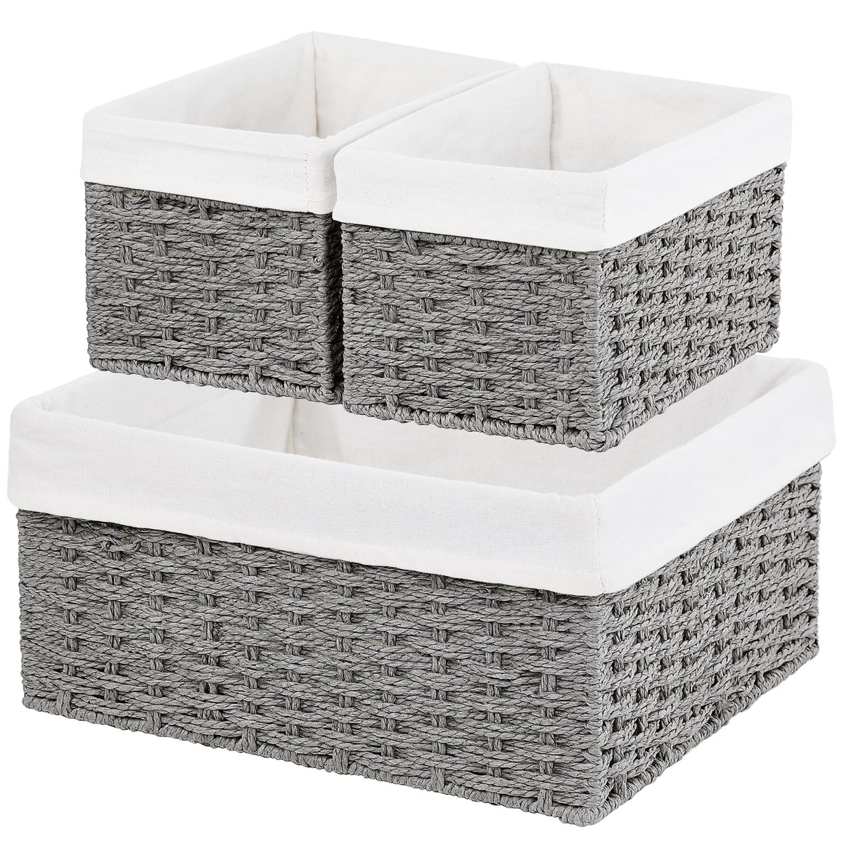 Vagusicc Wicker Storage Basket, 3-Pack Woven Paper Rope Wicker Baskets with Handles, Large Wicker Basket Cube Storage Bins with Liners, Storage Baskets for Organizing Shelves & Decor, Natural