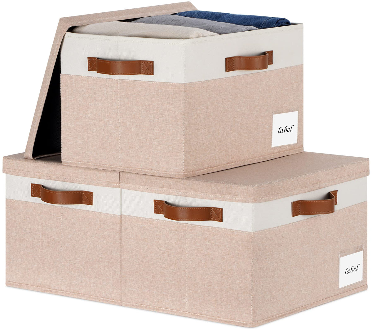 Large Storage Bins with Lids, Foldable Fabric Storage Baskets with Lids, Sturdy Storage Boxes with Labels and 3 PU Handles for Closet Home Bedroom Office (26L, 3 Packs, Grey&Black)
