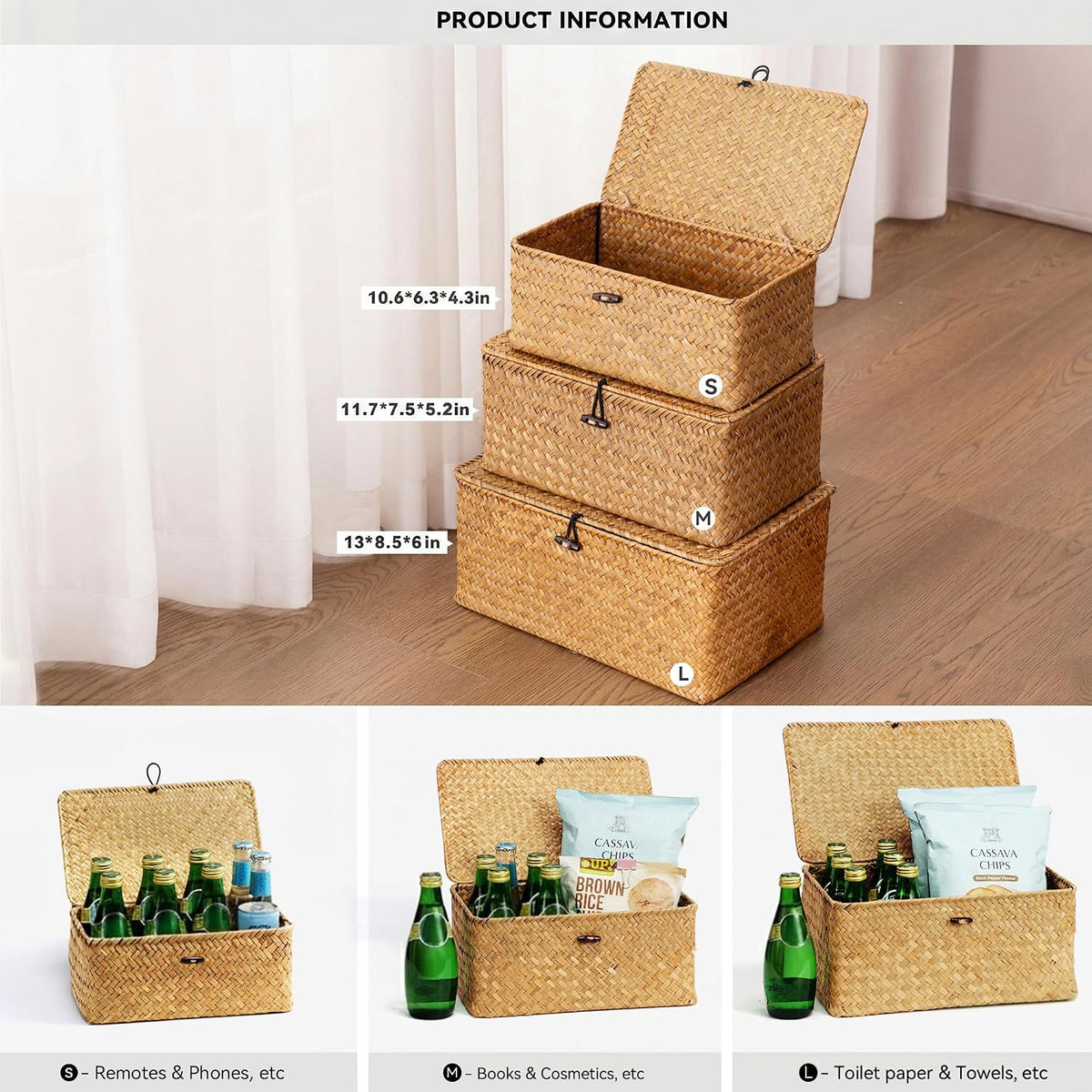 Nonam Wicker Storage Basket with Lid,Seagrass Shelf Basket Set of 3,Nautral