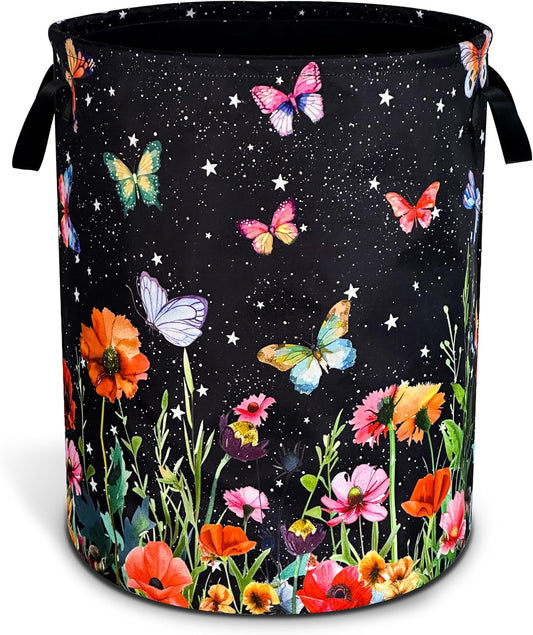 Colorful Butterflies Flowers Laundry Basket Oxford Cloth 18.9 x 16.5 Inch
