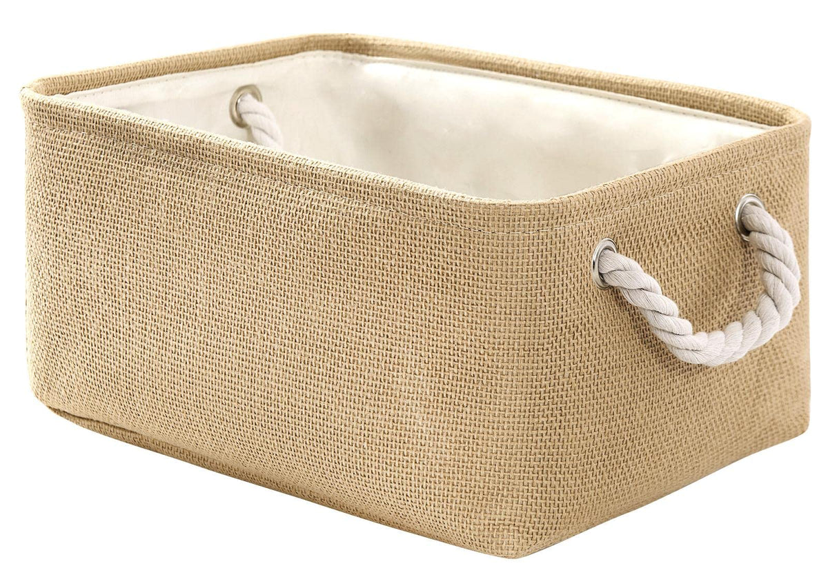 TheWarmHome Storage Basket for Organizing - 14x10x7 inch Medium 3 Pack Collapsible Storage Bin for Shelves with Handles, Canves Storage Box for Organizer Cubes Cloth Gift Toy Closet (White & Khaki)