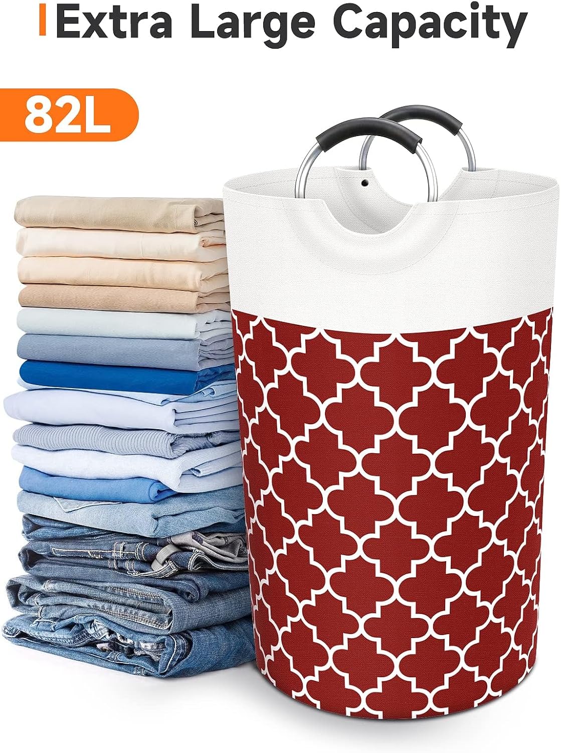 Fabspace Large Laundry Basket Laundry Hamper Bag Washing Bin Clothes Bag Collapsible Tall with Handles Waterproof Travel Bathroom College Essentials Storage for College Dorm, Family, 82L (Red)