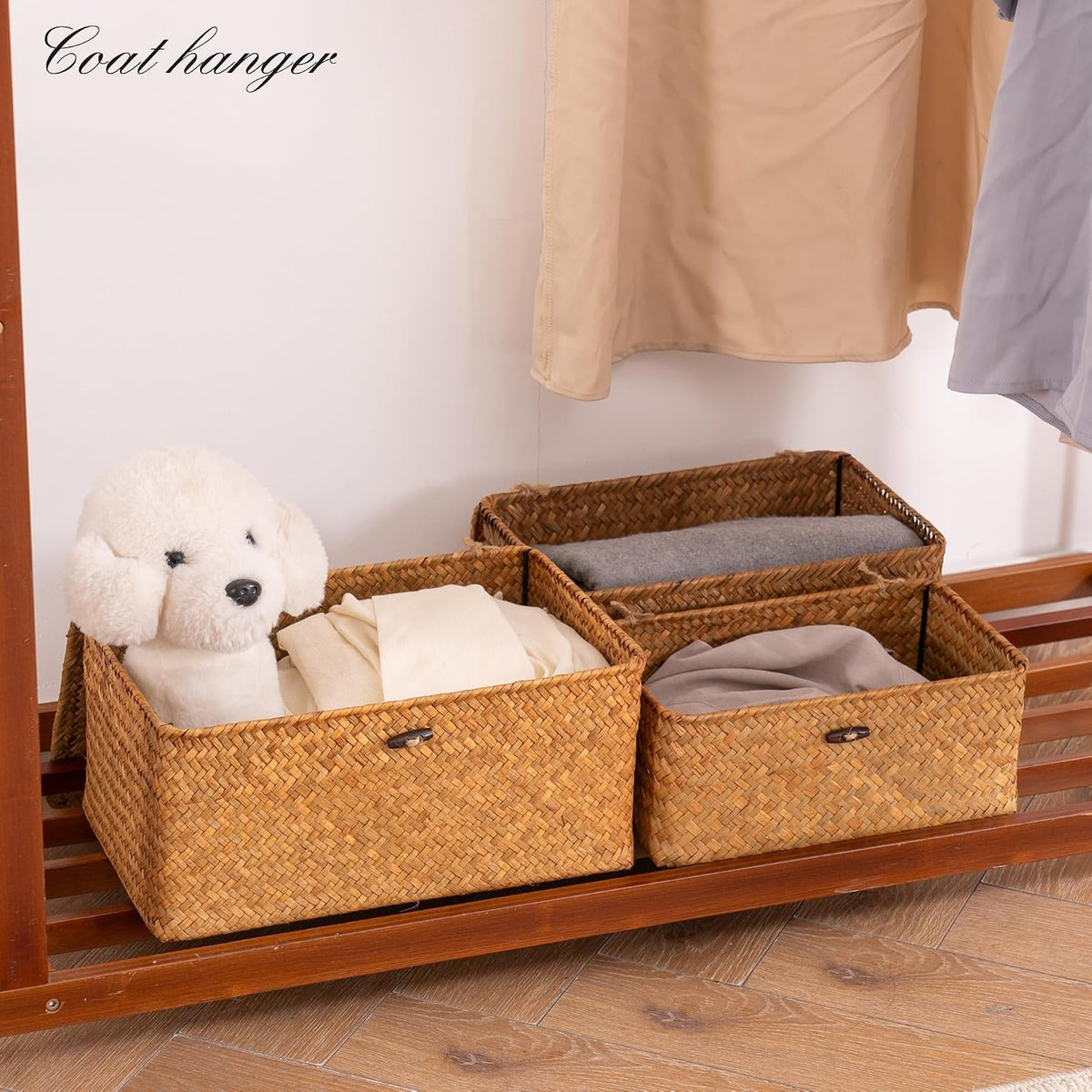 Nonam Wicker Storage Basket with Lid,Seagrass Shelf Basket Set of 3,Nautral