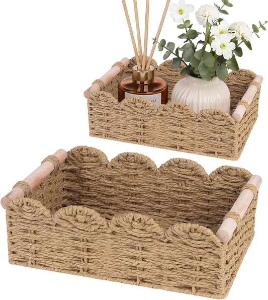 iEGrow Paper Rope Small Storage Baskets for Organizing, Set of 2 Scalloped Edge Wicker Basket with Wooden Handles Toilet Paper Basket for Over Toilet Storage Shelf, Home Decor, Living Room (Neutral)
