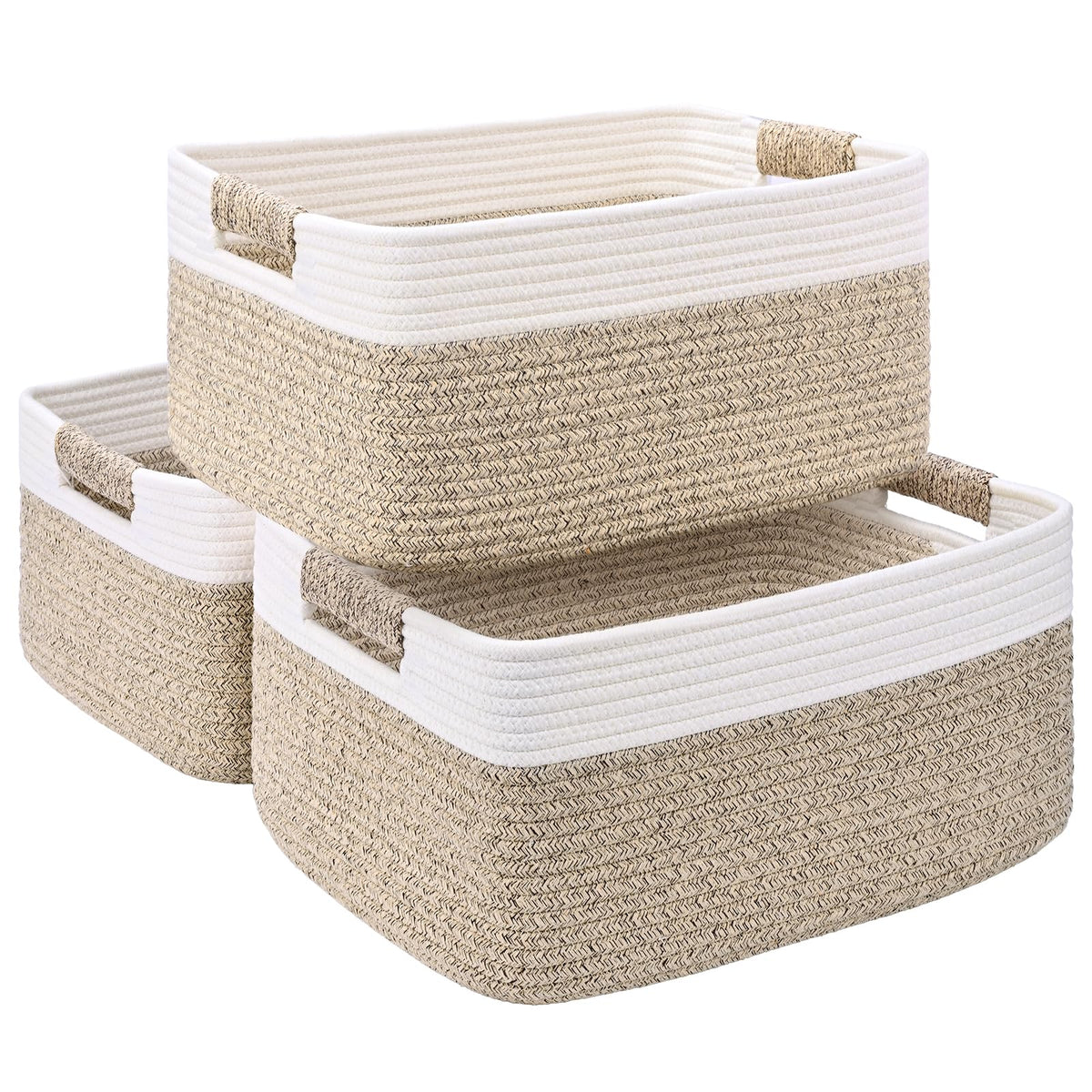 2 Pack Large Storage Basket for Organizing, 17.5"x13"x7" Woven Basket for Shelves, Closet Cube Storage Bins with Wrapped Handle, Cotton Rope Baskets for Kitchen, Clothes, Toys(Off White & Brown)