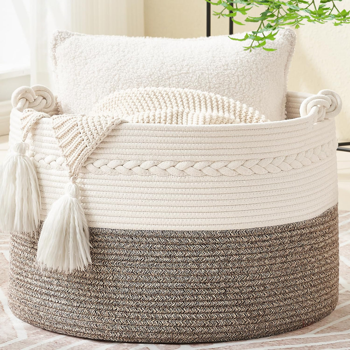 KAKAMAY Large Blanket Basket with Handles, Storage Basket for Living Room