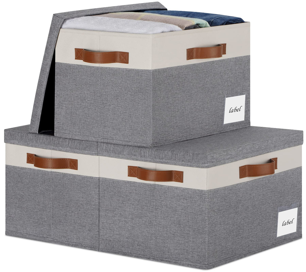 Large Storage Bins with Lids, Foldable Fabric Storage Baskets with Lids, Sturdy Storage Boxes with Labels and 3 PU Handles for Closet Home Bedroom Office (26L, 3 Packs, Grey&Black)