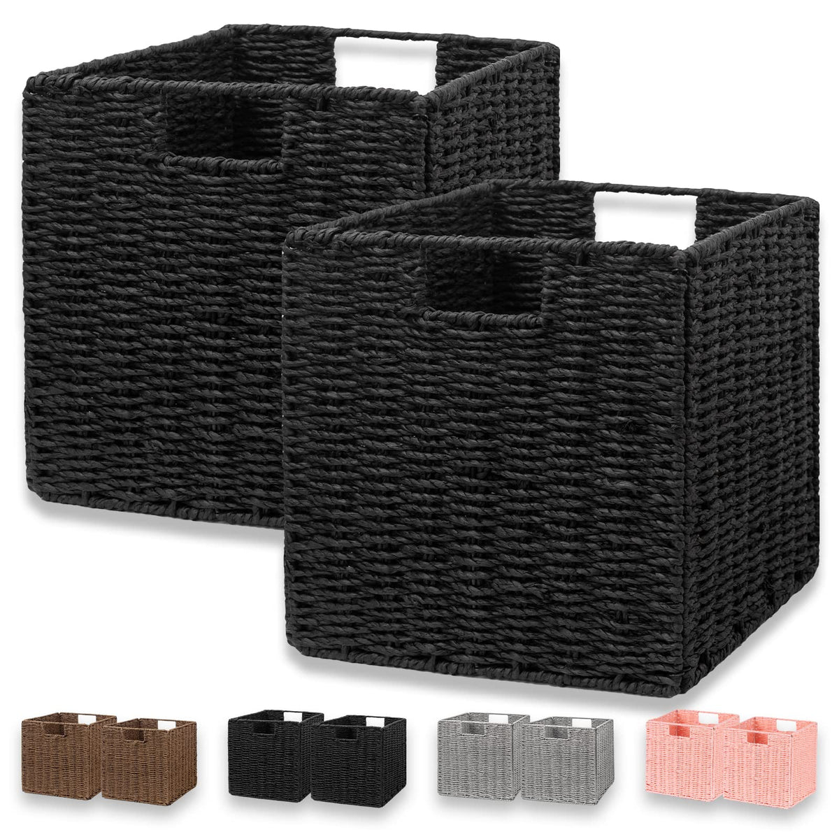 Vagusicc Wicker Basket, Set of 2 Hand-Woven Paper Rope Storage Baskets for Organizing, Foldable Cubby Storage Bins, 11 Inch Large Wicker Storage Basket, Square Baskets Cube Storage Organizer, Brown