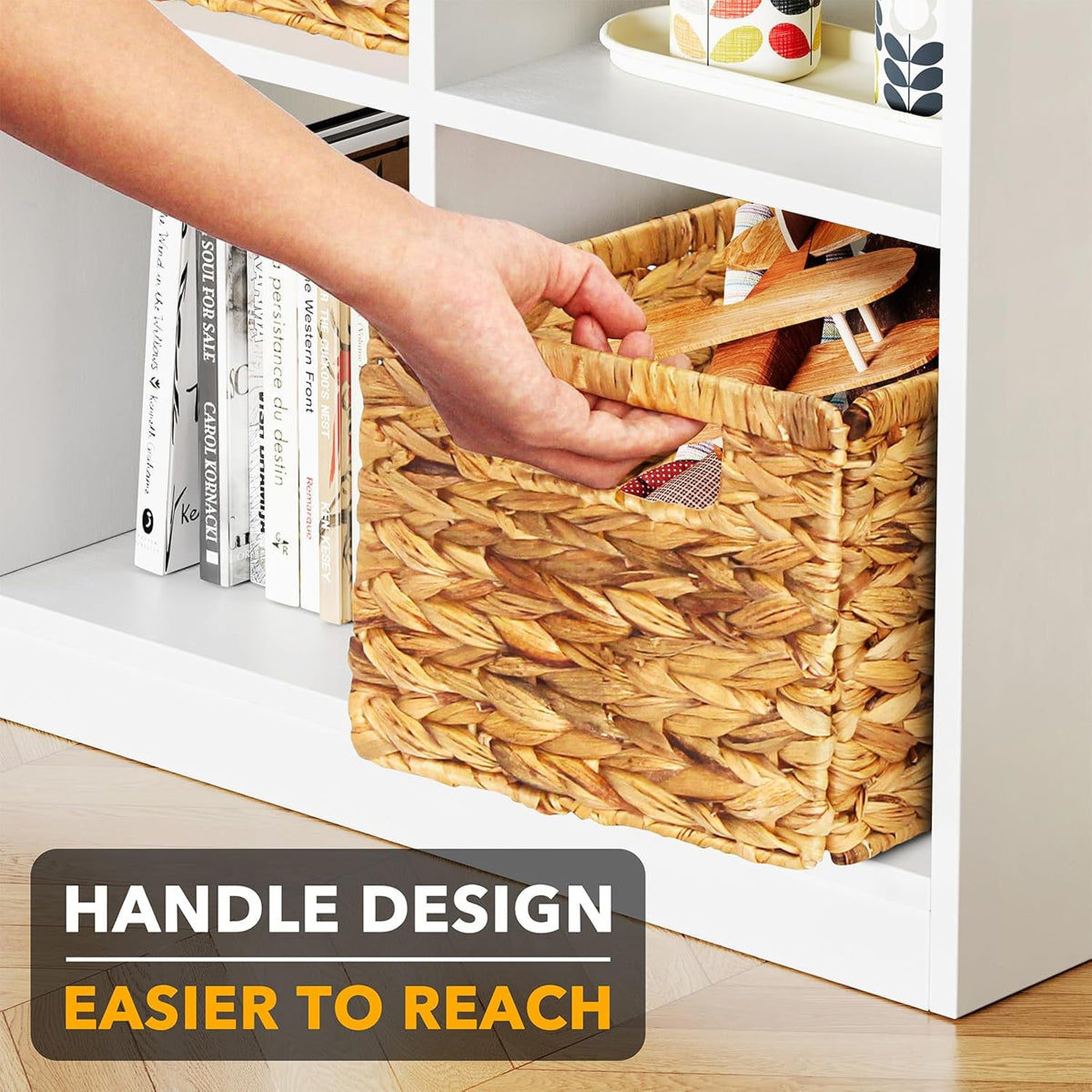 SpaceAid 4 Pack Wicker Basket, Storage Baskets for Organizing, Woven Rattan Basket with Handles for Shelves, Water Hyacinth Large Cube Organizer Storage Bin, 13x8.2x7 inch, Natural