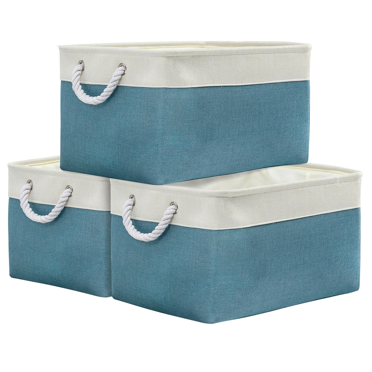 TheWarmHome Storage Basket for Organizing - 14x10x7 inch Medium 3 Pack Collapsible Storage Bin for Shelves with Handles, Canves Storage Box for Organizer Cubes Cloth Gift Toy Closet (White & Khaki)