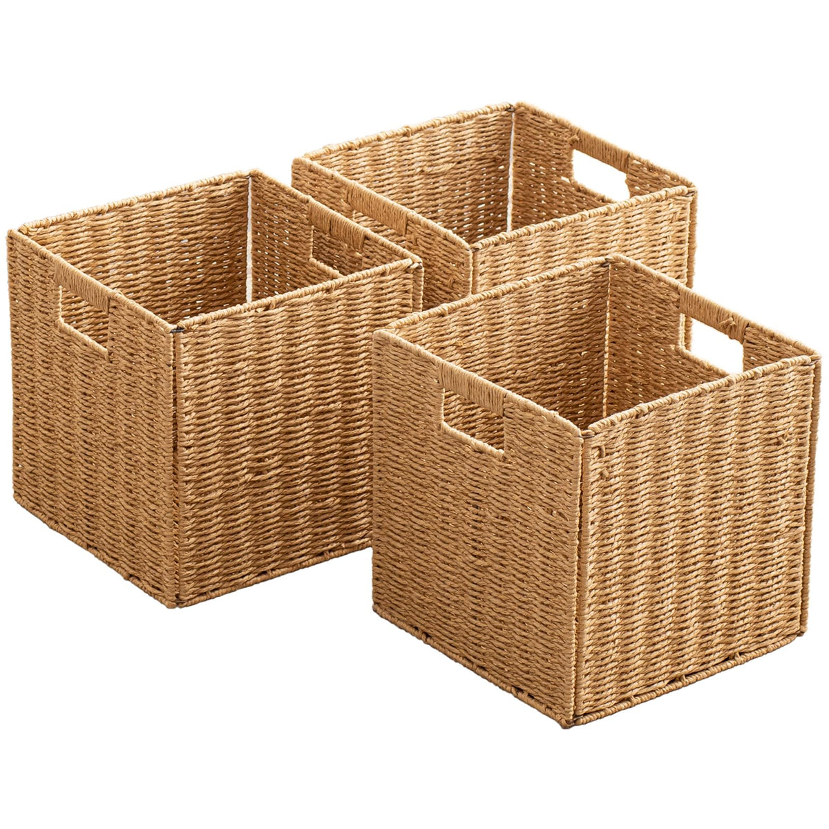 Foldable Storage Baskets with Handles Paper Rope Storage Baskets Rectangle Collapsible Hand Woven Storage Cubes Bins for Organizing Shelves Living Room Bedroom Pantry (4, 11'' x 11'' x 11'')