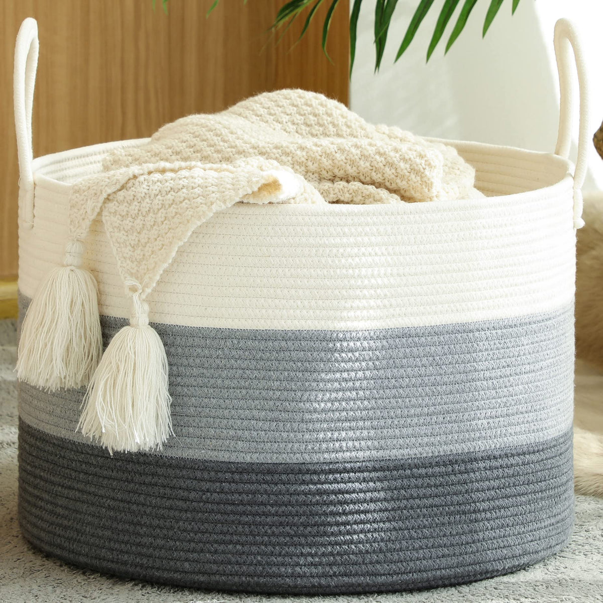 KAKAMAY Large Blanket Basket with Handles, Storage Basket for Living Room