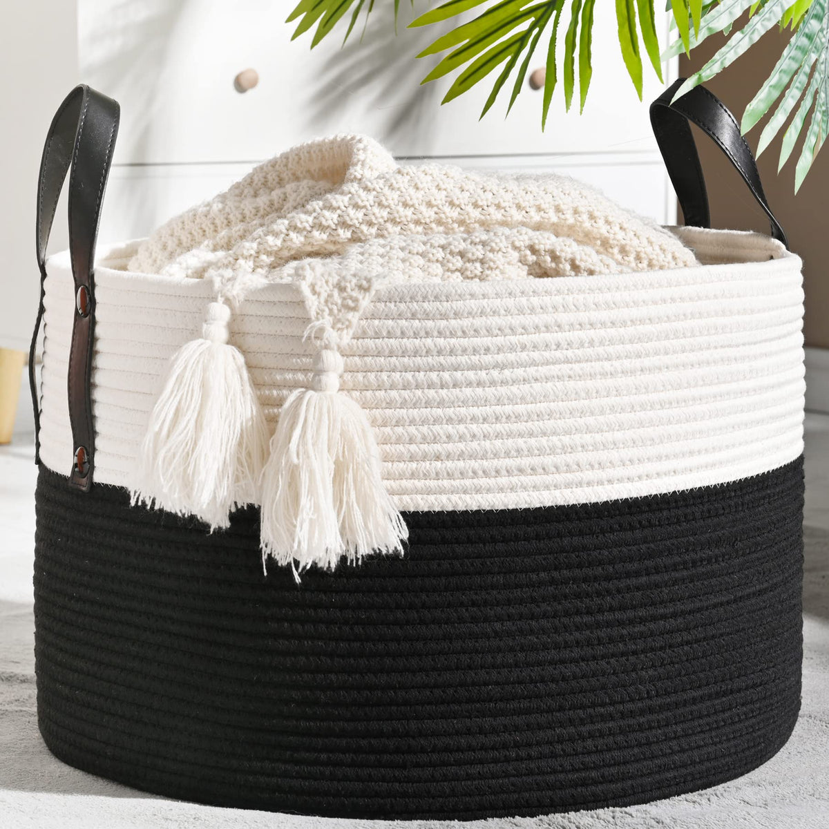 KAKAMAY Large Blanket Basket with Handles, Storage Basket for Living Room