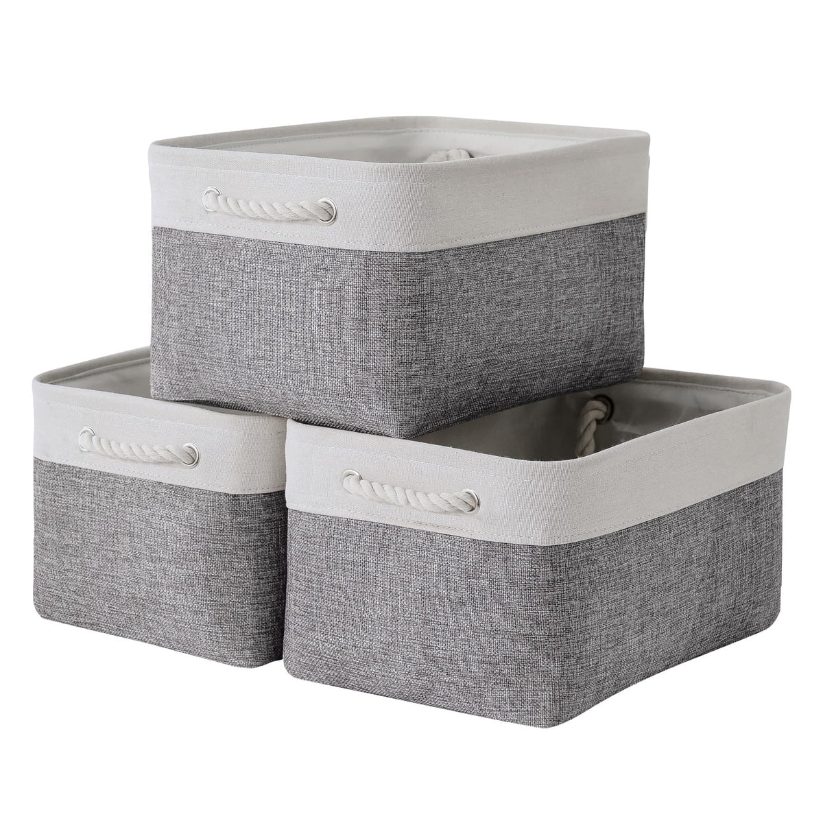 TheWarmHome Storage Basket for Organizing - 14x10x7 inch Medium 3 Pack Collapsible Storage Bin for Shelves with Handles, Canves Storage Box for Organizer Cubes Cloth Gift Toy Closet (White & Khaki)