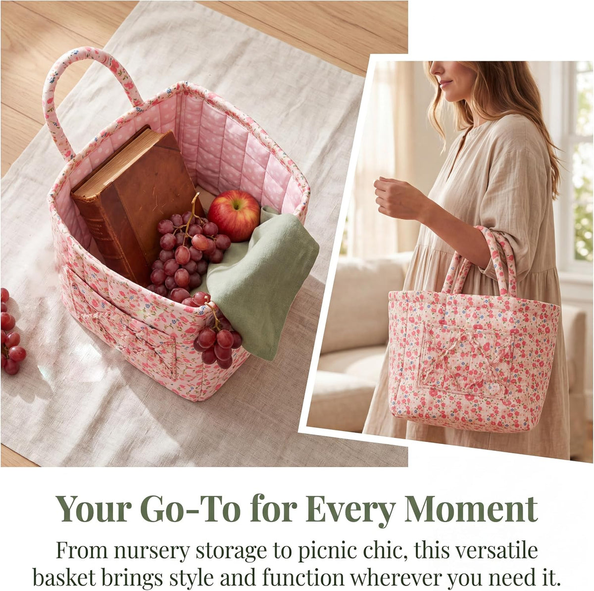 Quilted Laundry Basket with Handles—Multifunctional Fabric Storage Basket, Bohemian-Style Fabric Storage Basket with Handles, Suitable for Home, Picnics, the Office, and the Nursery (Red floral print)