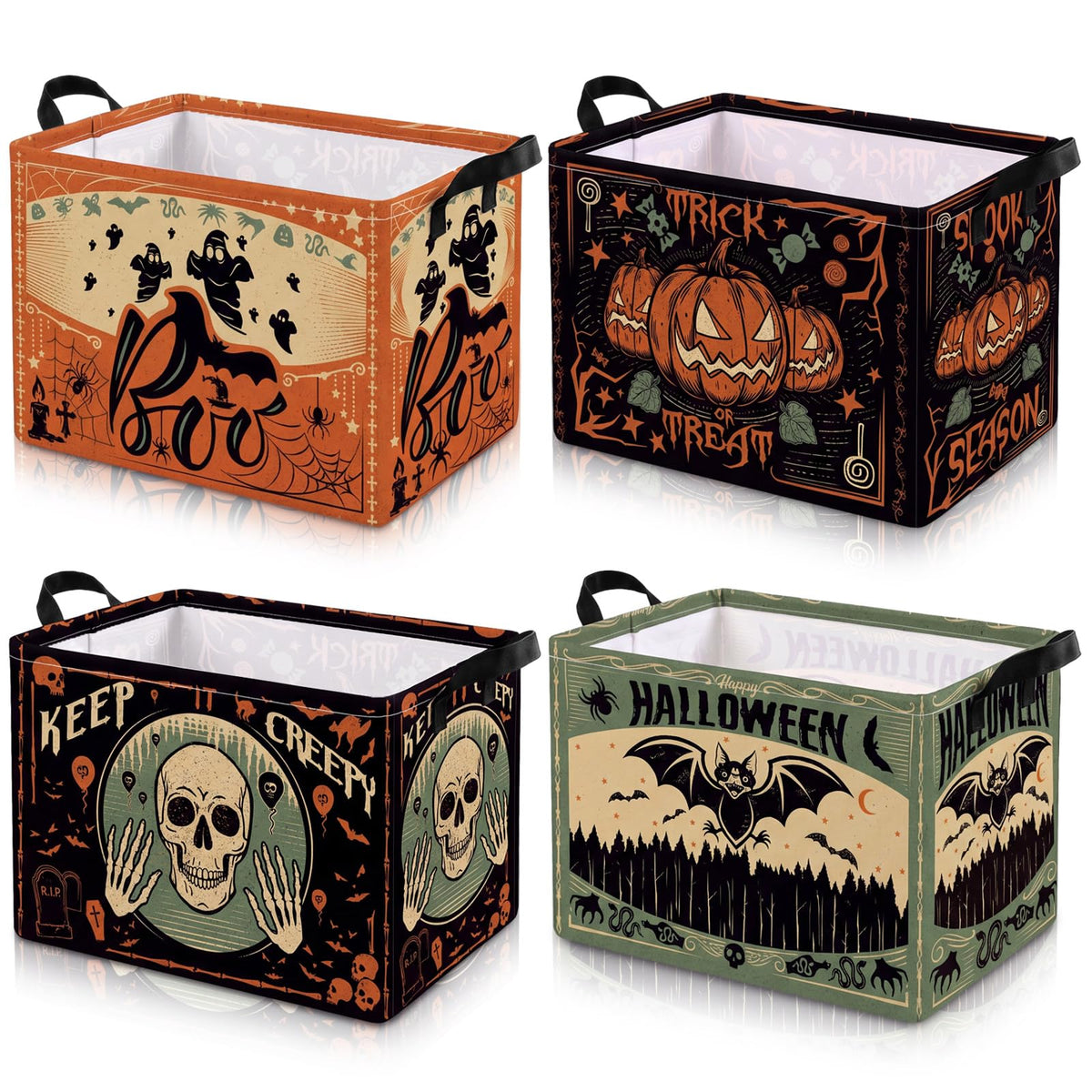 4 Pcs Halloween Storage Basket for Gifts Large Spooky Skeleton Storage Bins with Handles 15 x 10 x 8 Fabric Laundry Baskets Halloween Skull Collapsible Organizer Boxes for Home Cloth Toys Book