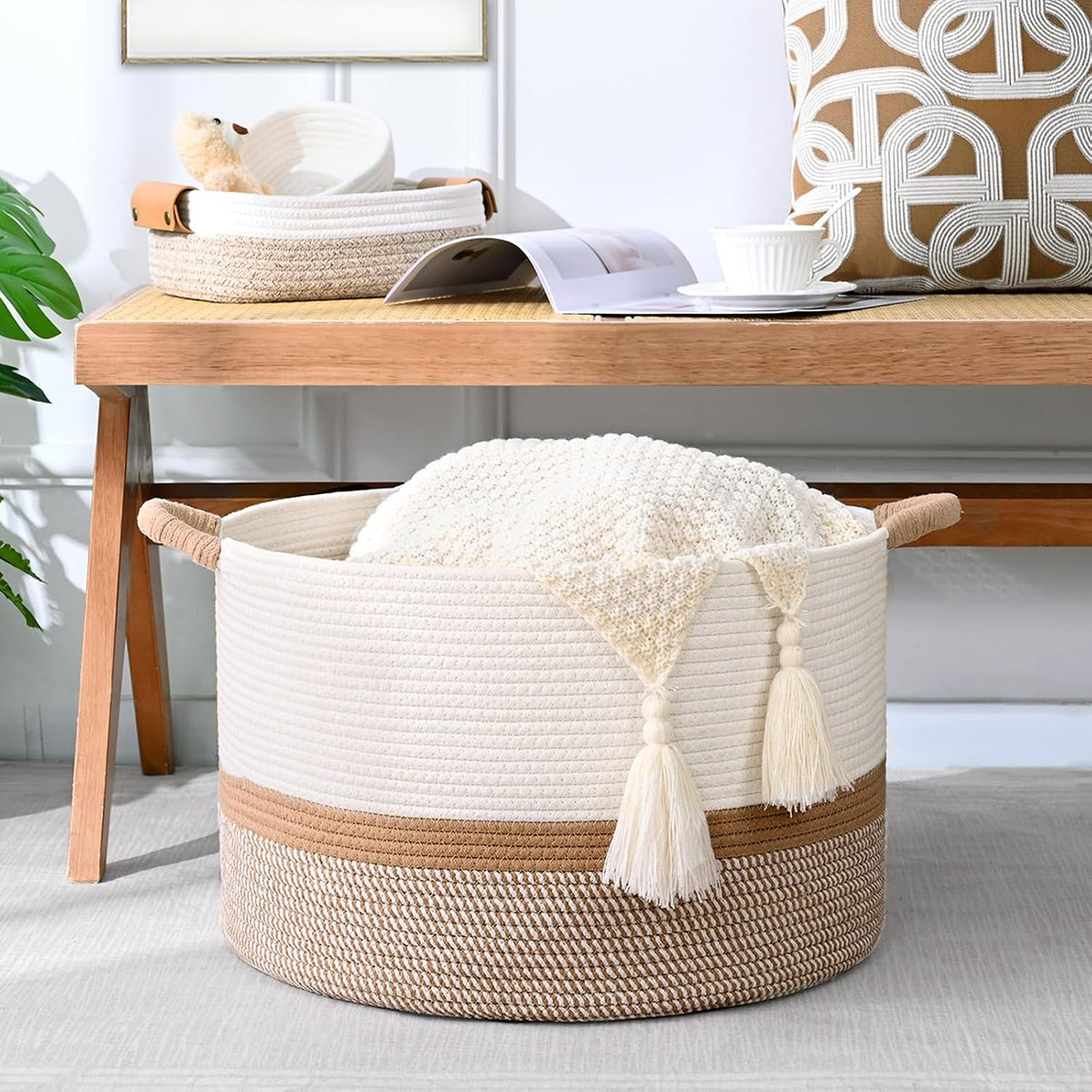 45L Blanket Basket, 17.5"x11.5" Woven Storage Baskets With Handle, Cotton Rope Blanket Basket Living Room, Baby Laundry Basket for Blanket, Nursery, Toy, Pillow (White & Brown)