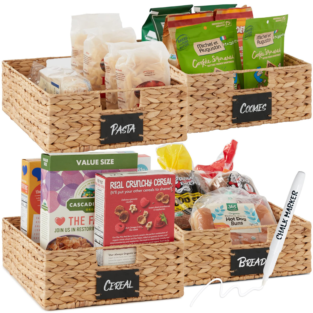 Best Choice Products Set of 4 9x12in Water Hyacinth Pantry Baskets, Woven Organizers w/Chalkboard Label, Chalk Marker - Natural