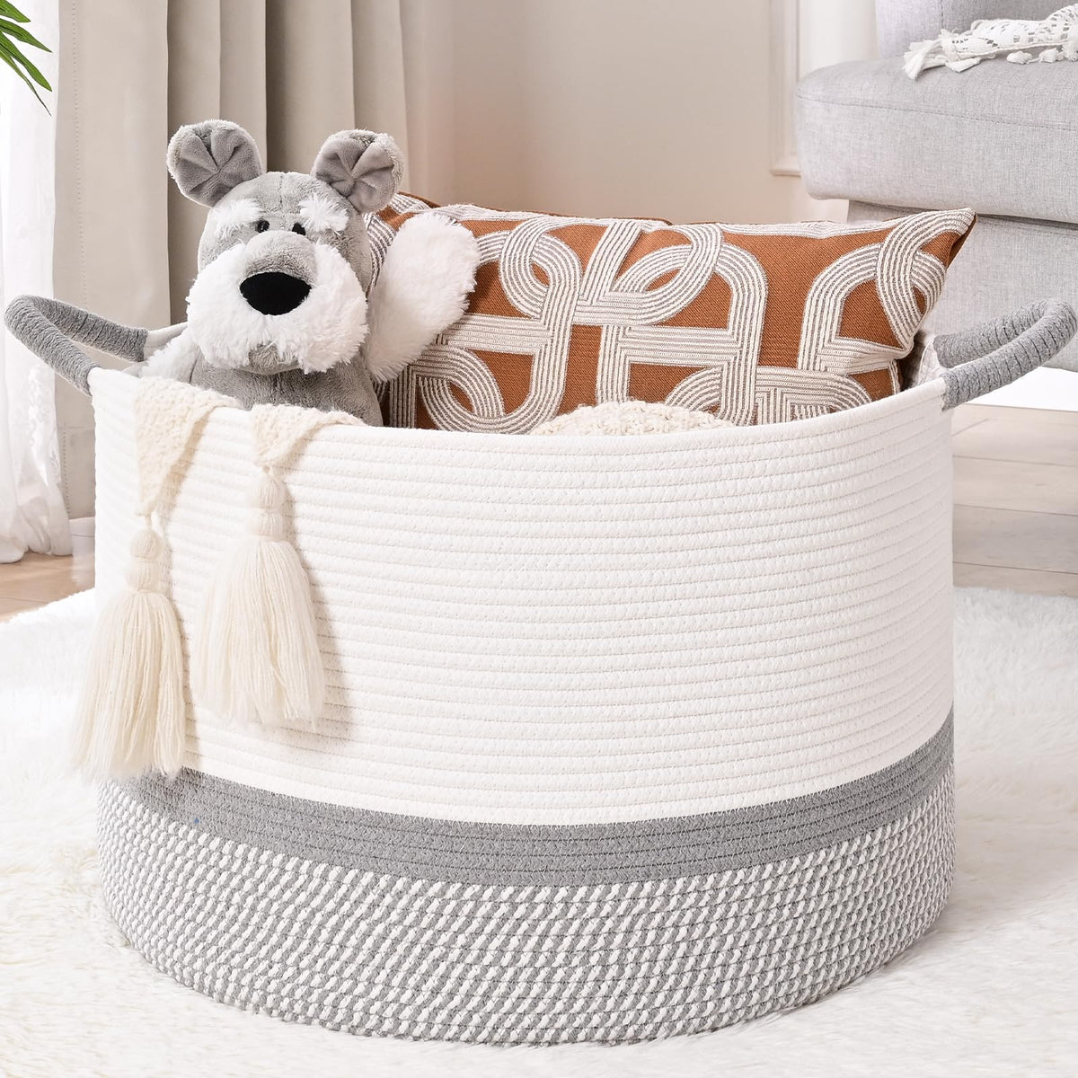 45L Blanket Basket, 17.5"x11.5" Woven Storage Baskets With Handle, Cotton Rope Blanket Basket Living Room, Baby Laundry Basket for Blanket, Nursery, Toy, Pillow (White & Brown)