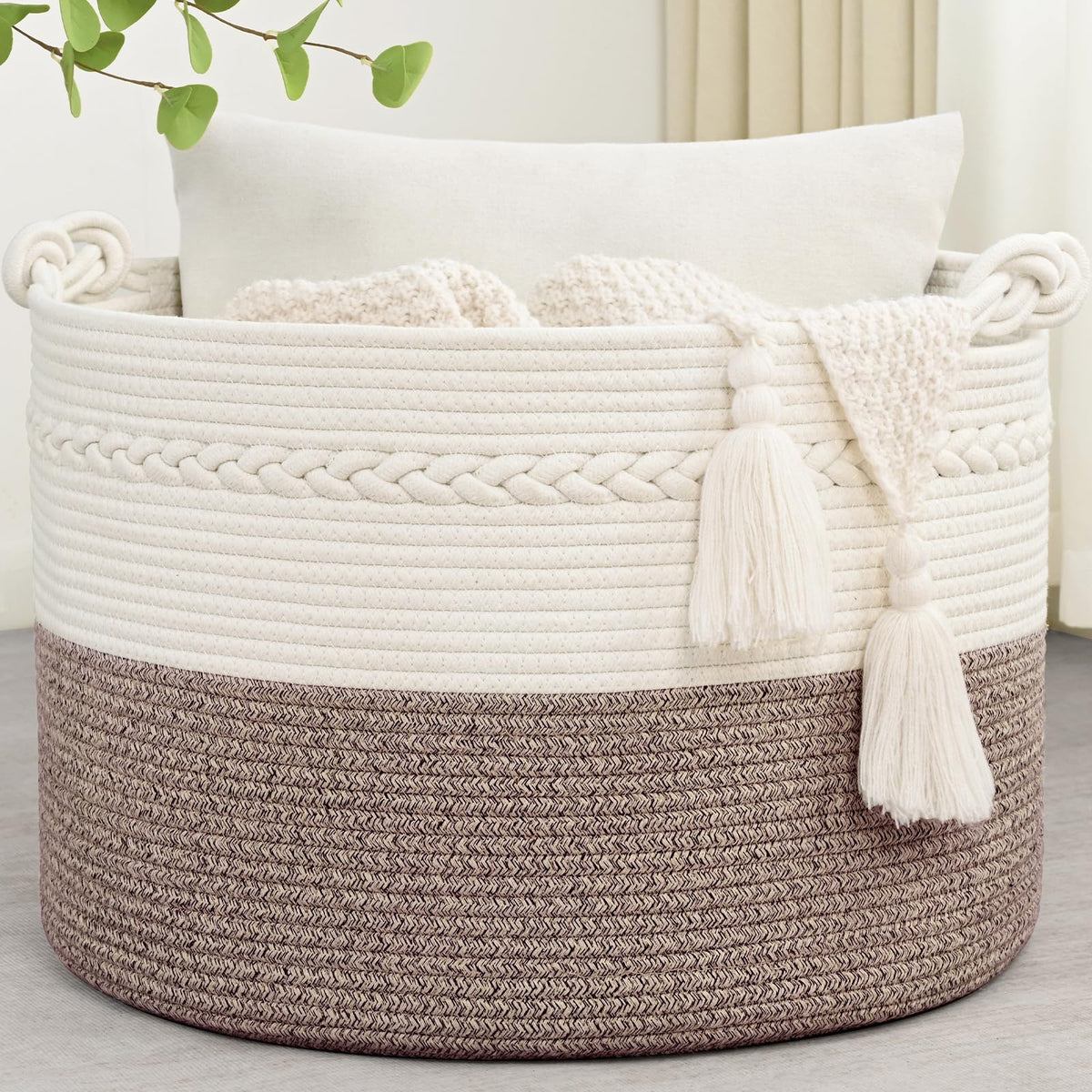 45L Blanket Basket, 17.5"x11.5" Woven Storage Baskets With Handle, Cotton Rope Blanket Basket Living Room, Baby Laundry Basket for Blanket, Nursery, Toy, Pillow (White & Brown)