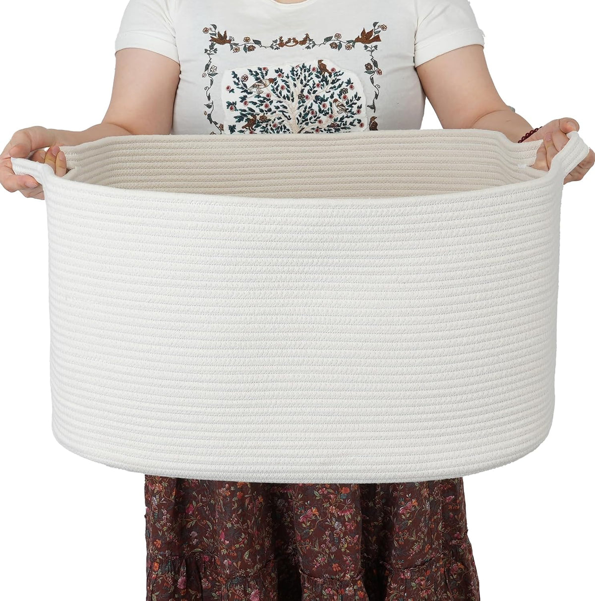 XUANGUO Large Rectangle Woven Cotton Rope Blanket Basket 22"x17"x12" White