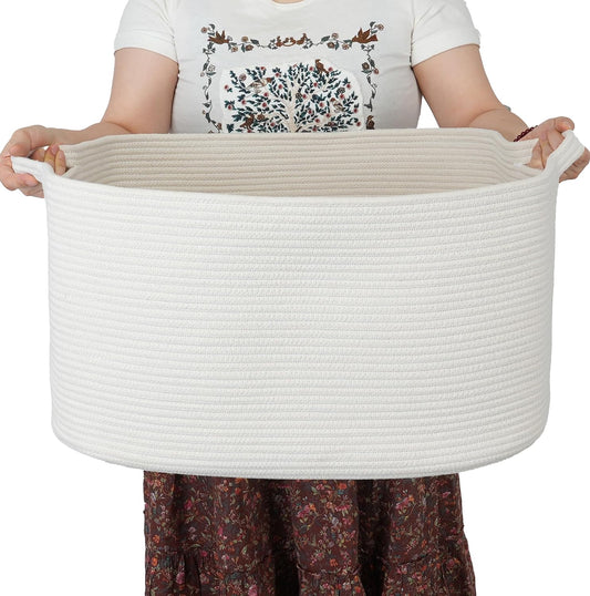 XUANGUO Large Rectangle Woven Cotton Rope Blanket Basket 22"x17"x12" White
