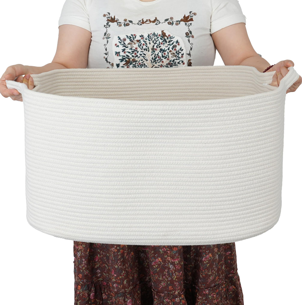 XUANGUO Large Rectangle Woven Cotton Rope Blanket Basket 22"x17"x12" White