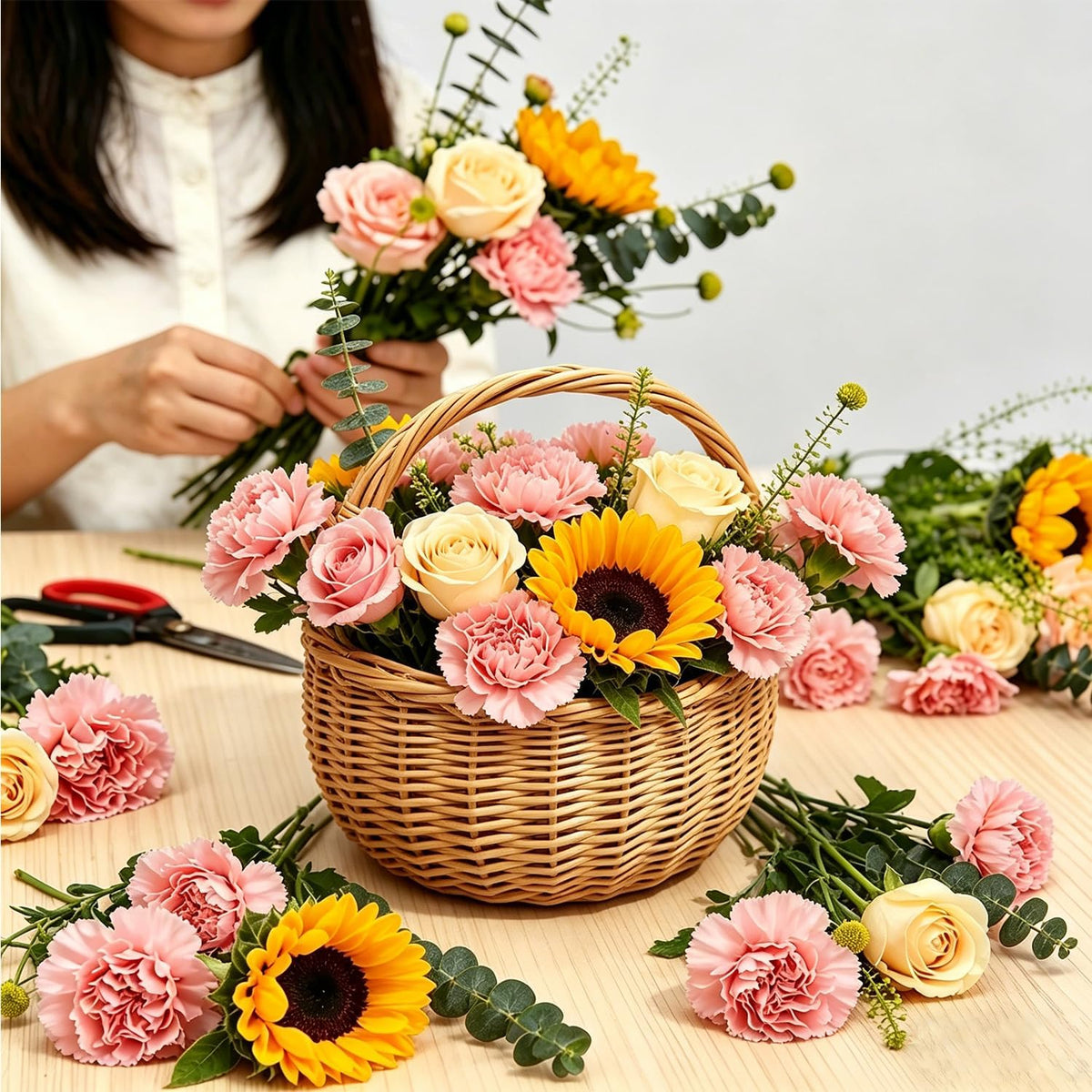10 x 10in Wicker Basket Rustic Wicker Picnic Basket with Handle Cute Flower Girl Baskets Rattan Easter Baskets Wicker Storage Basket Decorative Basket for Wedding Garden and Home Decor