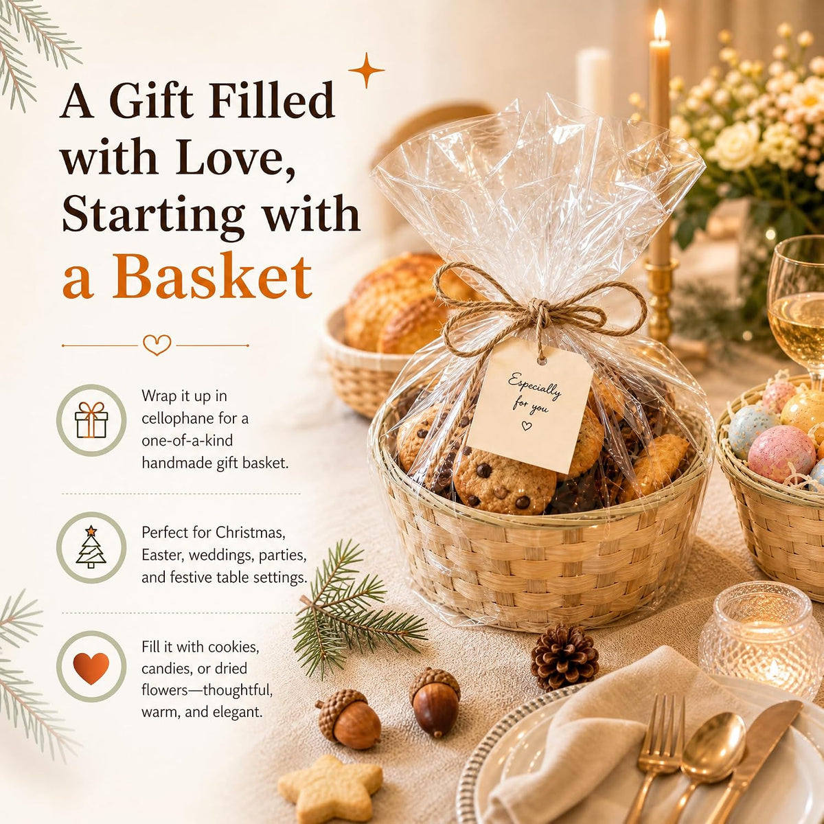 TOPZEA 10 Pack Round Gift Baskets, 8 Inch Natural Bamboo Woven Fruit Basket, Small Wicker Bread Roll Serving Basket, Food Storage Bin Handmade Baskets for Kitchen Restaurant Centerpiece Christmas