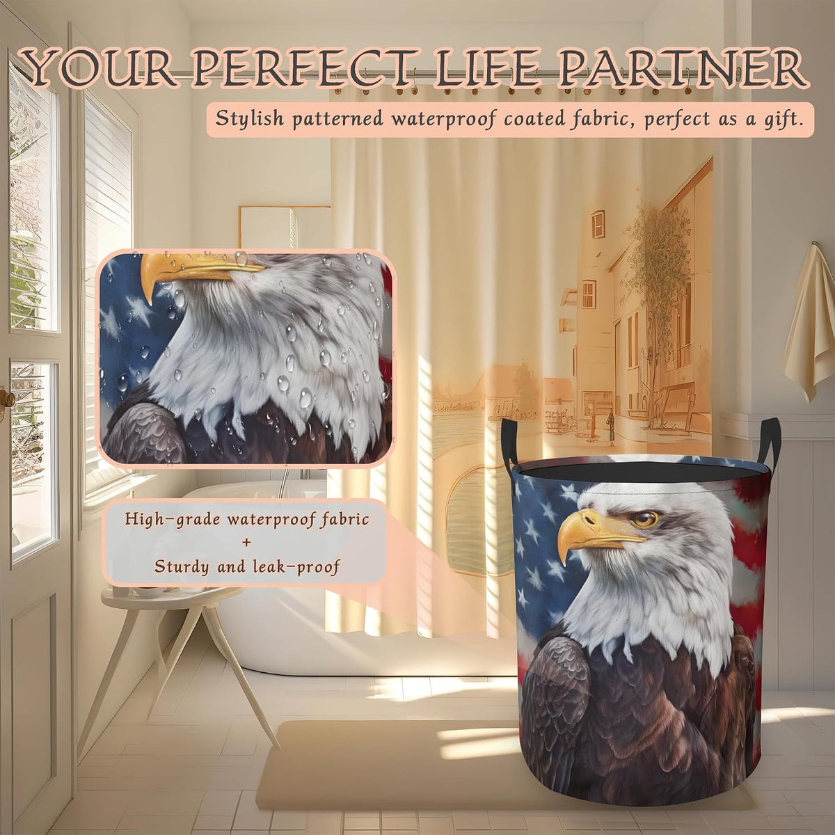 Retro Eagle Flag Laundry Basket,Foldable Oxford Cloth Laundry Hamper with Handles Waterproof Dirty Clothes Storage Basket for Bathroom Bedroom Dorm Room 16" x 20.8"