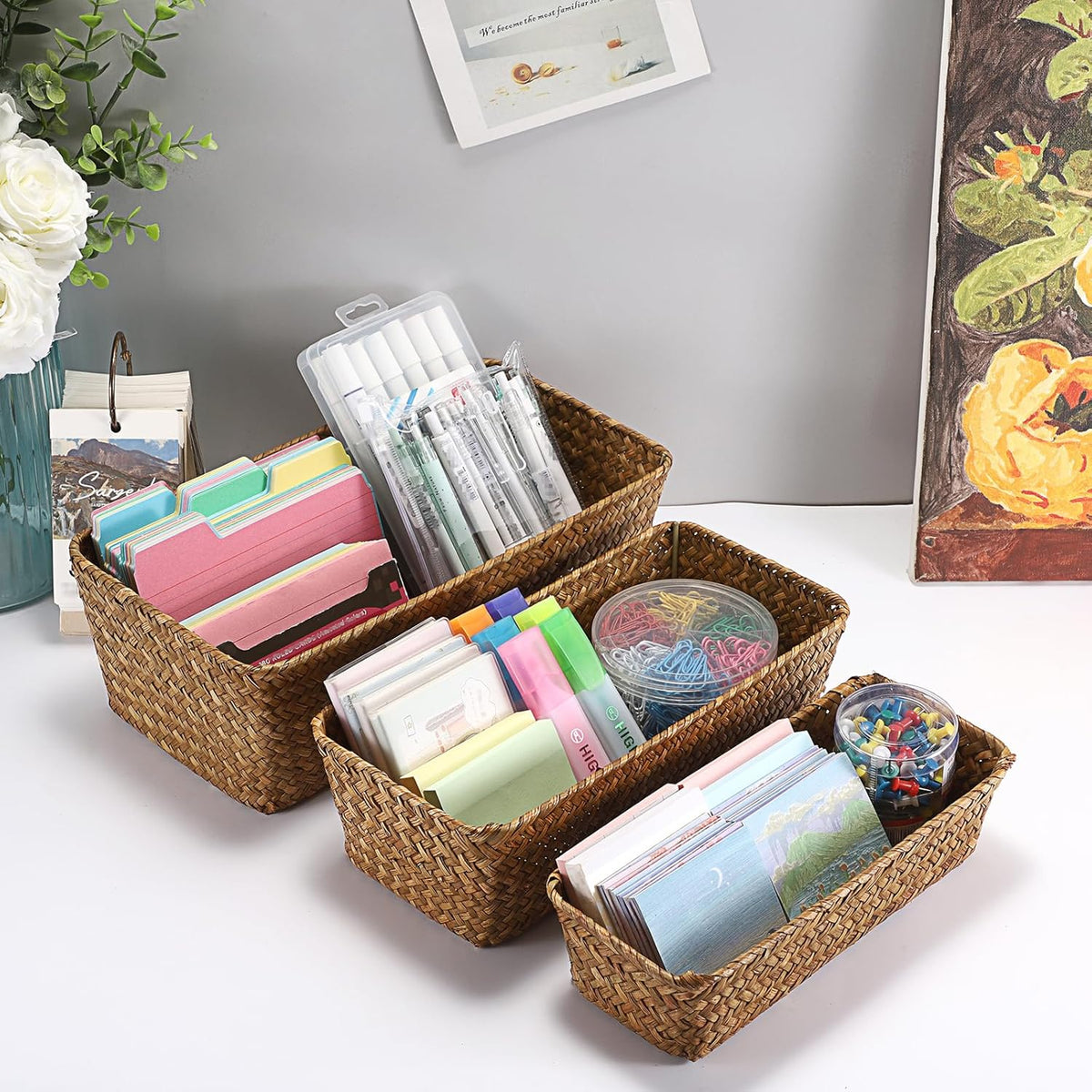 3 Natural Wicker Basket Set Rectangular Seagrass Basket, Caramel