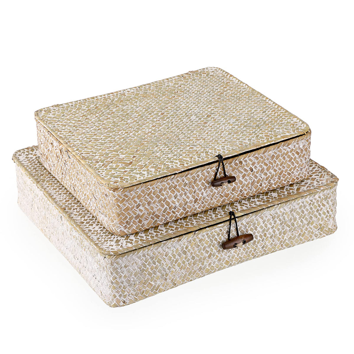 Hipiwe Set of 2 Flat Wicker Storage Basket Bins with Lid Woven Seagrass Box