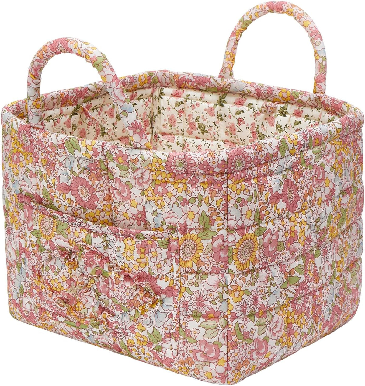 Quilted Fabric Storage Baskets with Handles, Boho Floral Gift Basket Foldable Organizer Bin for Home Decor, Picnic, Travel 12''x10''x10'' (Orange)